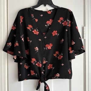 Lush Krisantha Bell Sleeve Tie Front Blouse Size L Black Floral